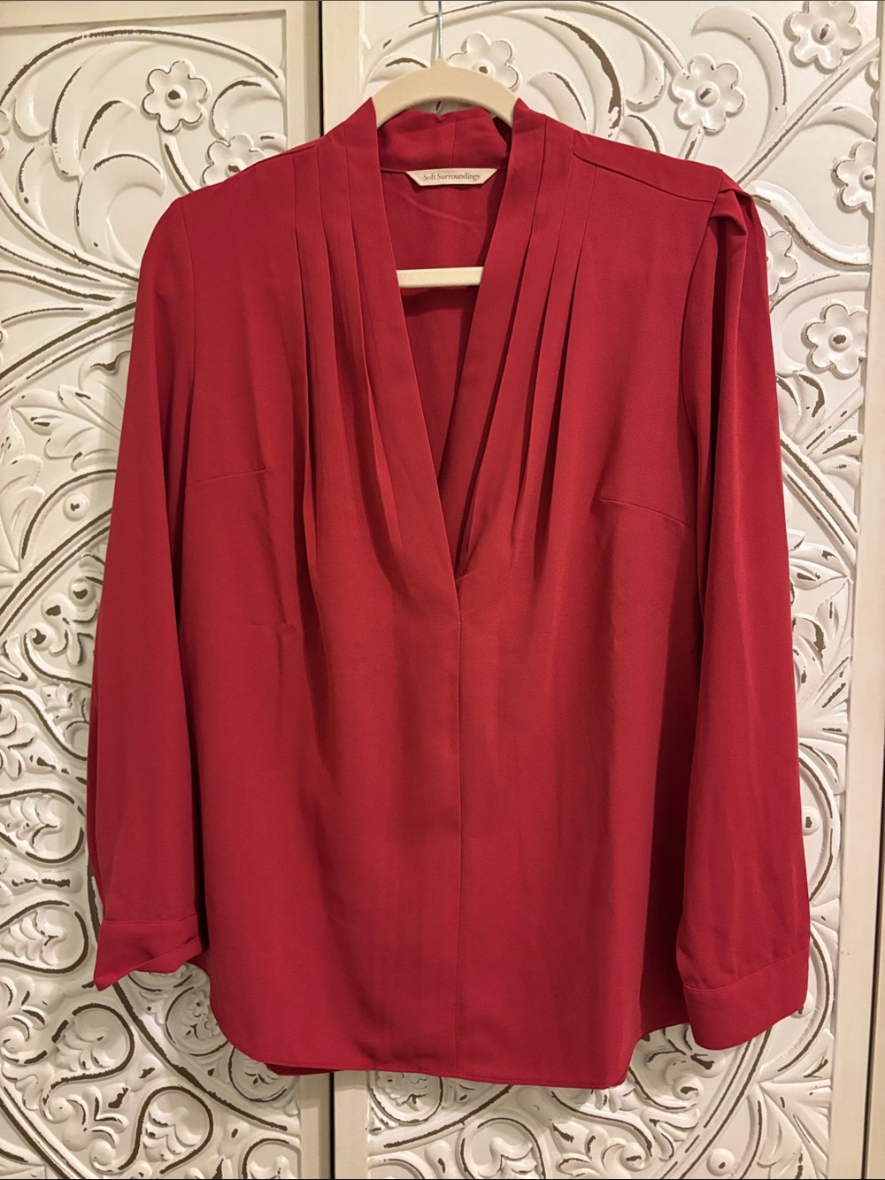 Soft Surroundings Red Pleated V-Neck Long Sleeve Blouse